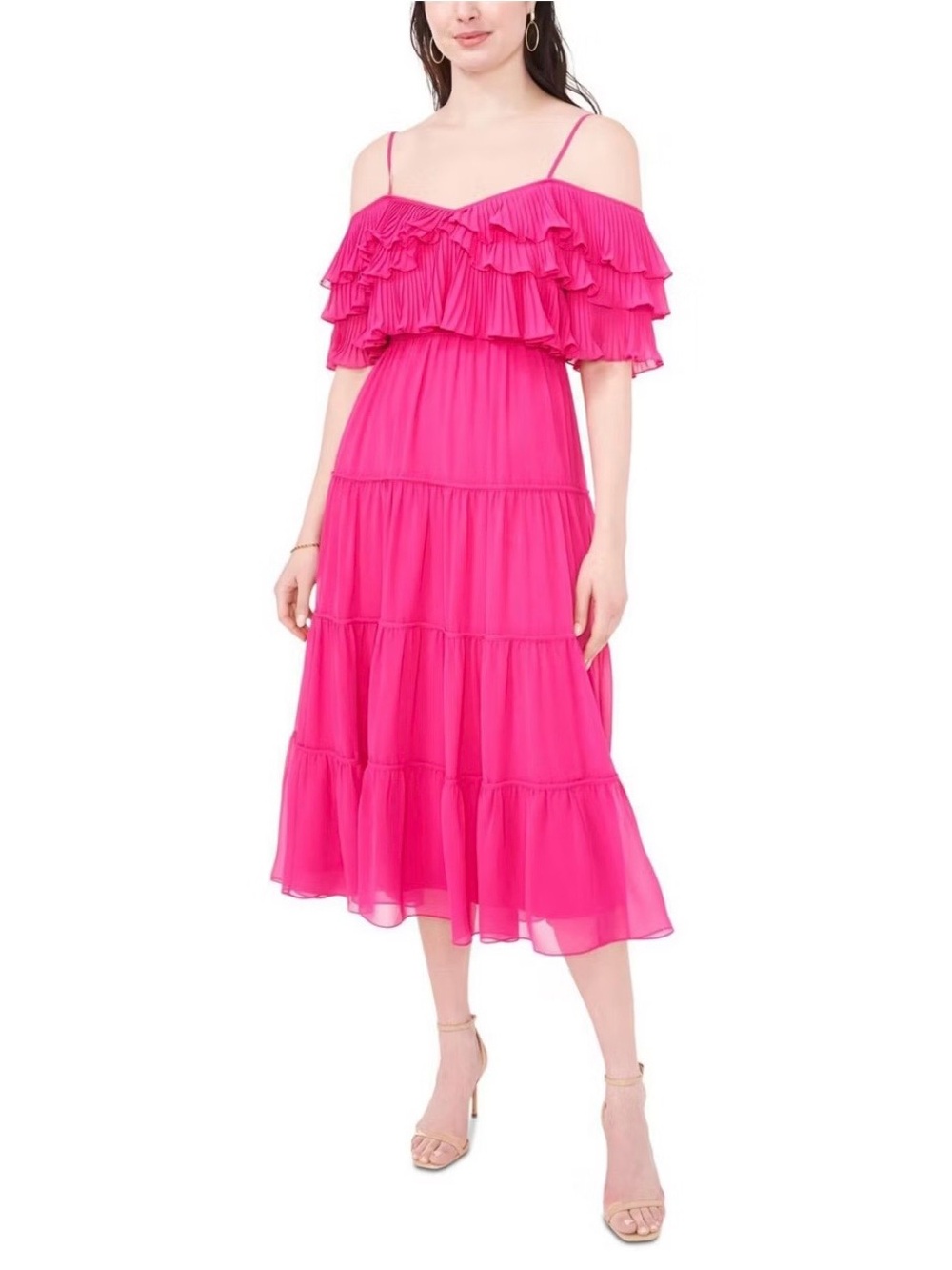 CECE Vibrant Pink Tiered Midi Dress